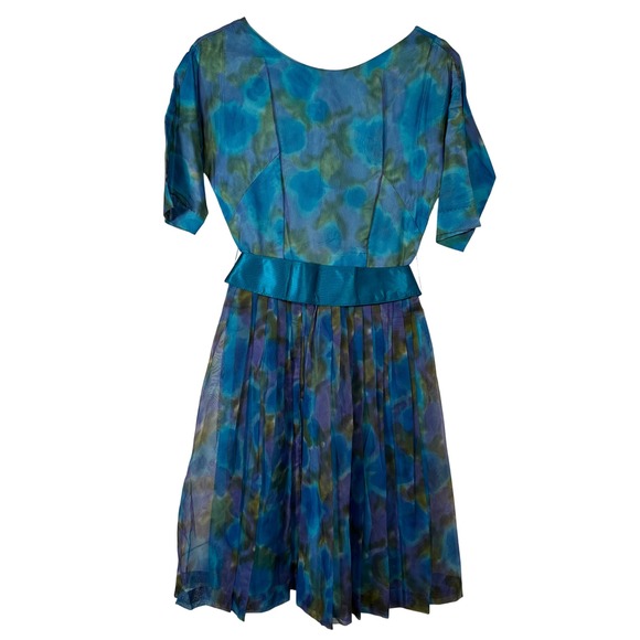Unbranded Dresses & Skirts - Vintage 50s Watercolor Blue Floral Chiffon Pleated Fit and Flare Belted Dress